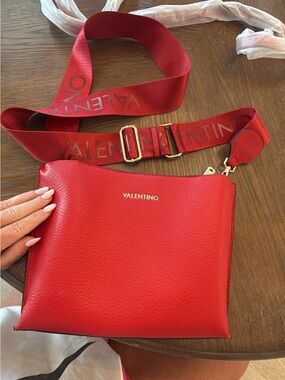 Valentino Red Textured Leather Crossbody with Logo Strap
